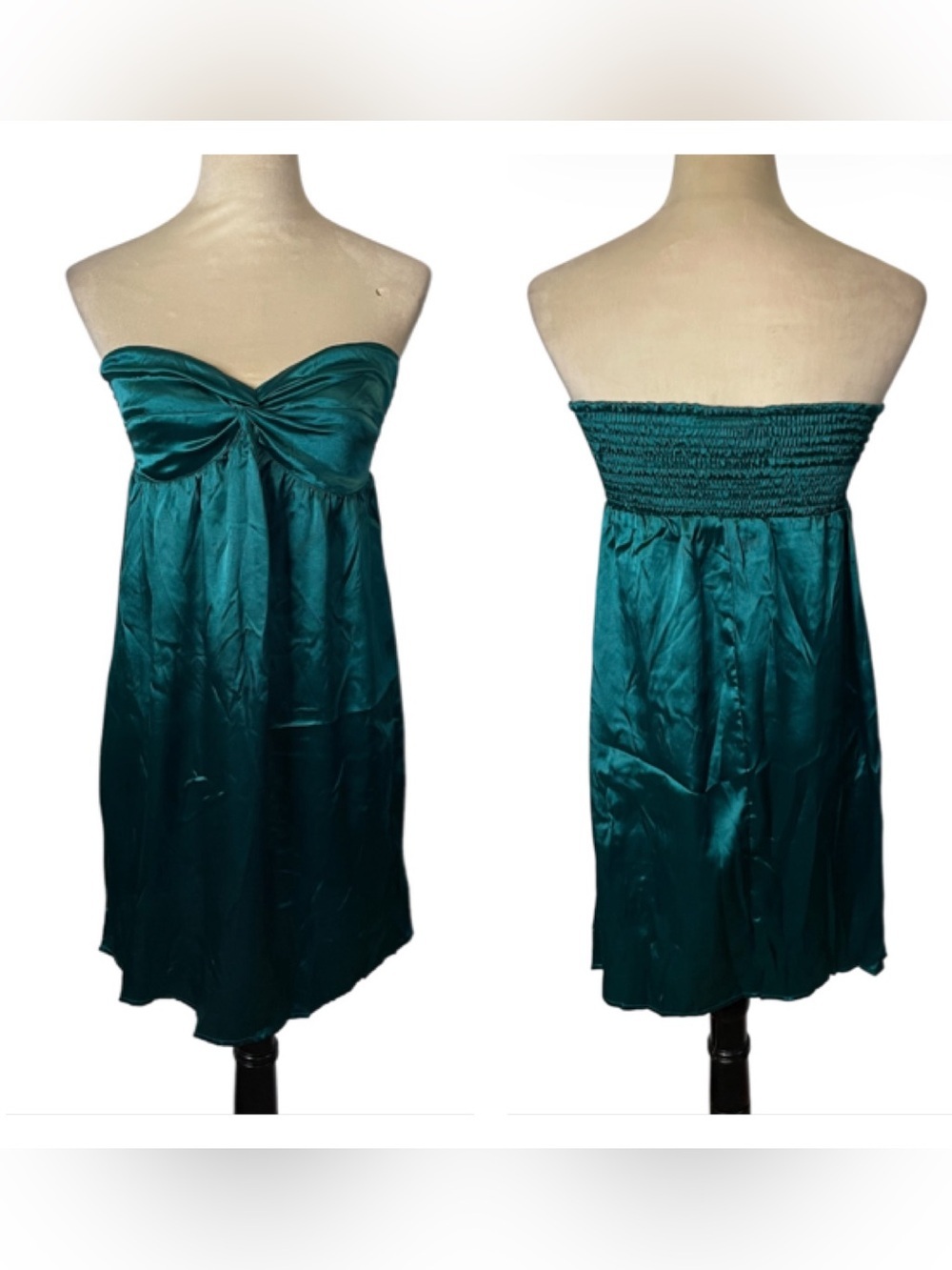 Y2K Angie Strapless Satin Mini Dress Teal Smocked Medium NWT